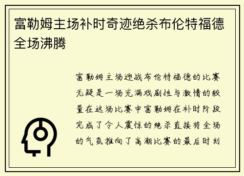 富勒姆主场补时奇迹绝杀布伦特福德全场沸腾